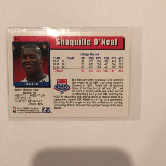 1992-93 NBA Hoops Shaquille O’Neal Rookie Basketball Card #442 - Picture 2 of 2